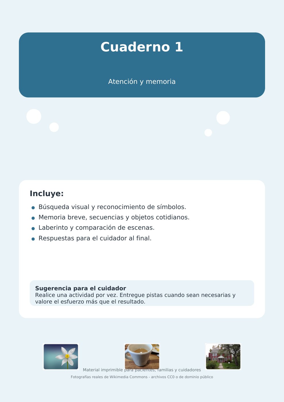 Portada del cuaderno de juegos imprimibles de atención y memoria